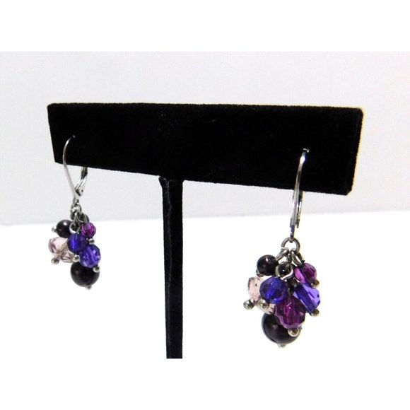 Dangle Cluster Beaded Earrings Purple Black Beads Lever Back Closure - Picture 3 of 6